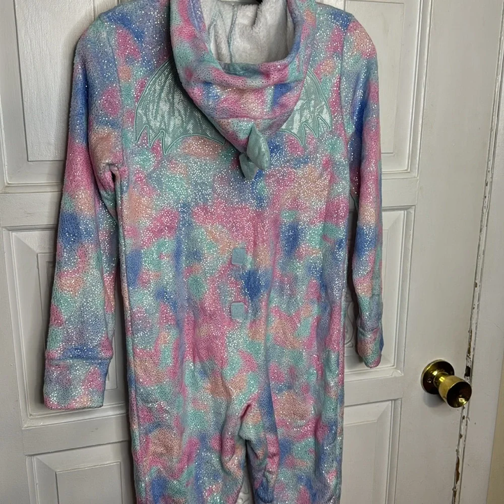 Justice Girls Tie Dye Sparkly Dragon Hooded Pajamas With Removable Tail 8